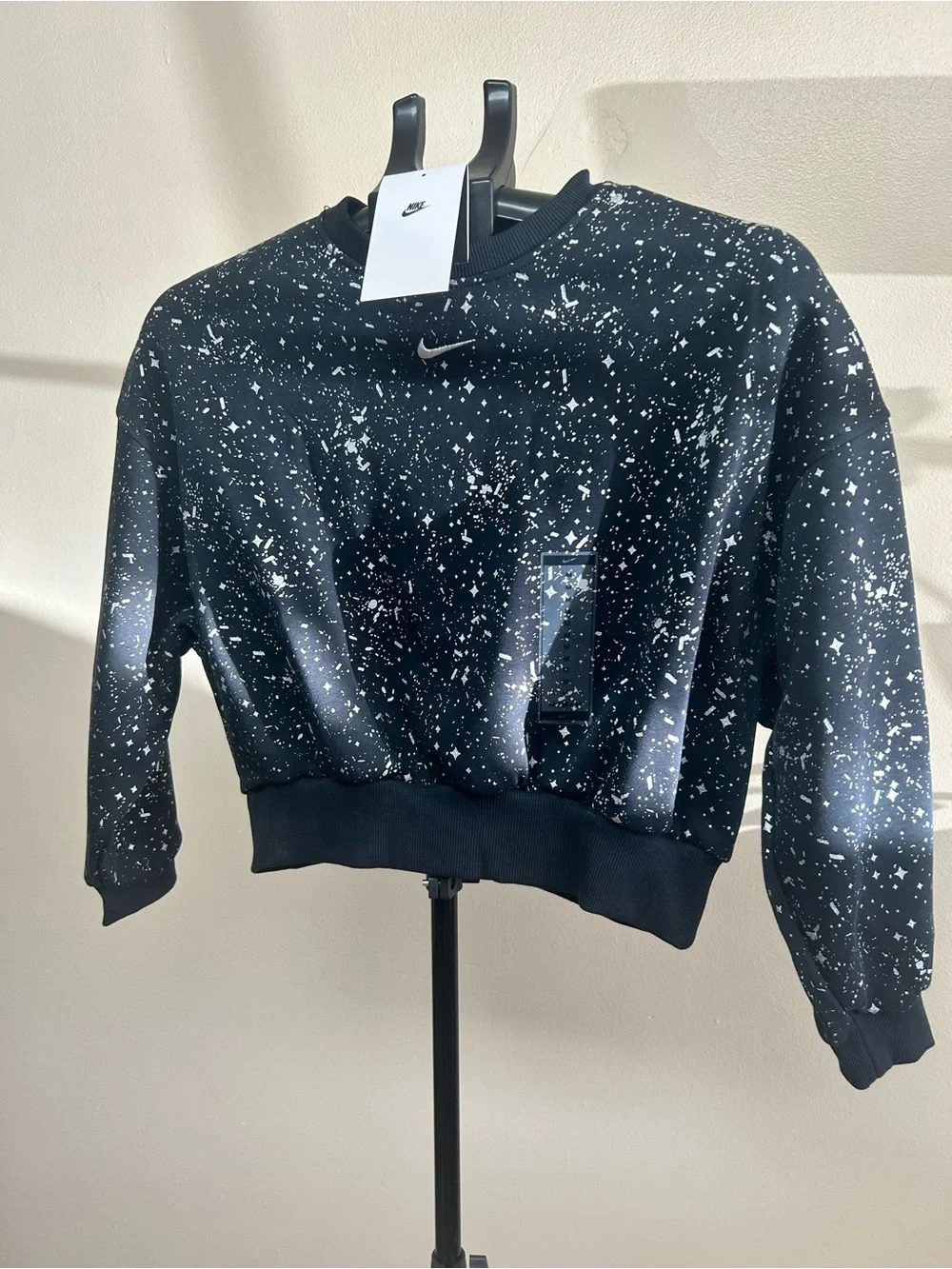 Nike Girls Cropped Sweatshirt Black Metallic Silver Splatter Crewneck Youth M